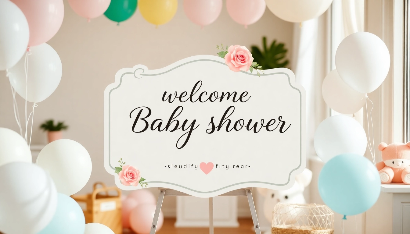 Elegant baby shower welcome sign with pastel colors, floral design, and playful decor, setting a warm celebratory tone for guests.