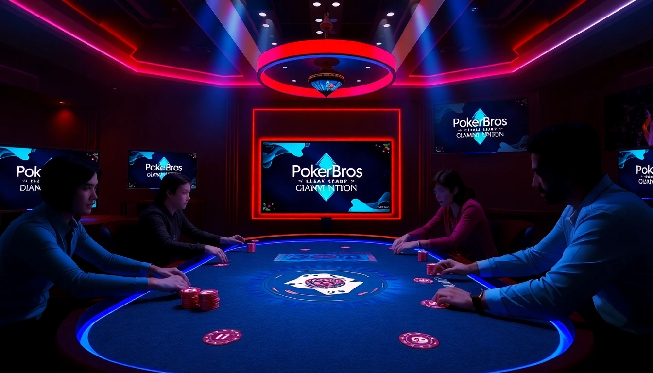 Players at a Pokerbros Diamond Union online poker table engaged in strategic gameplay with glowing chips and branded screens, showcasing an energetic gaming environment.