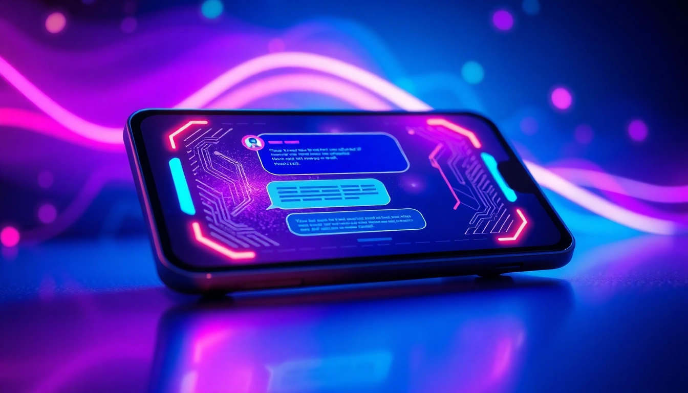 Futuristic AI chat interface on a modern device screen with glowing accents and vibrant digital background.