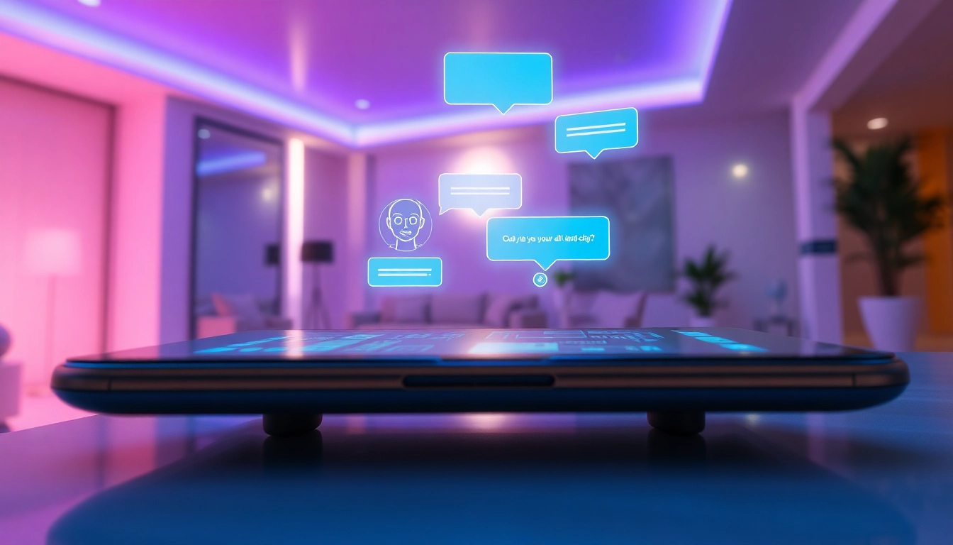 An illustration of a futuristic chat interface featuring holographic AI characters in a modern room with neon lighting.