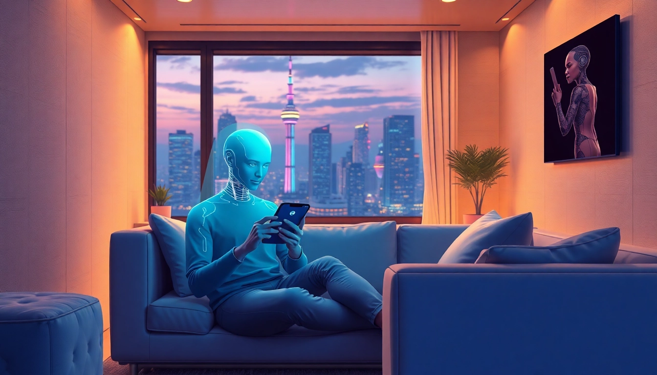 Person interacting with a holographic AI companion in a cozy, modern room at dusk with city lights outside.