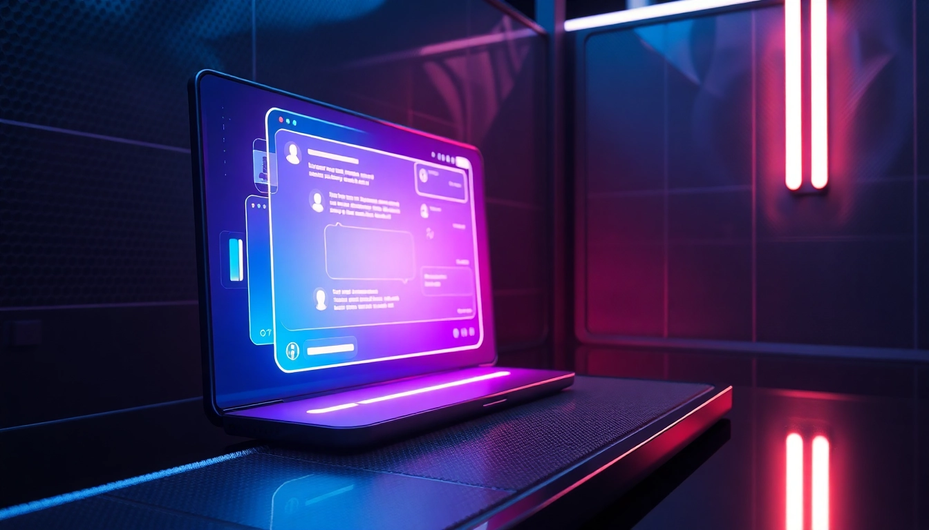 Futuristic AI chatbot interface with holographic display in a high-tech environment.