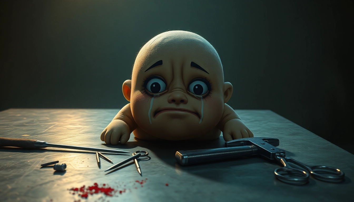A distressed cartoon character with tears sitting on a table surrounded by disturbing tools in a dark, tense scene.