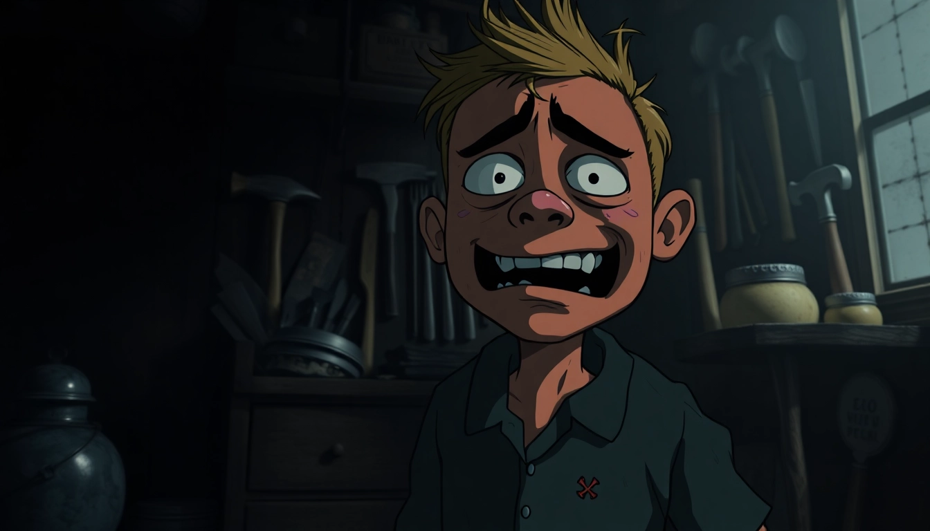 A distressed Harvey suffering as violent tools surround him in a dark, gritty room.