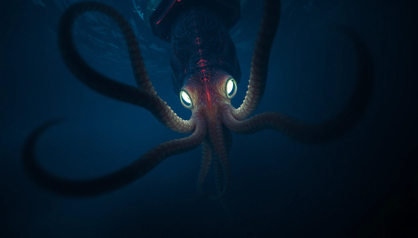 A shadowy Kraken emerges from dark ocean depths displaying massive tentacles and glowing eyes