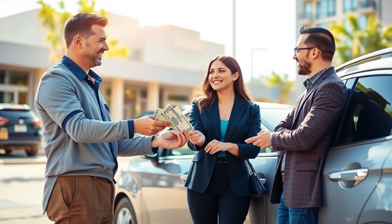 Compro auto torino Professional dealership team handing cash to a customer with used cars in