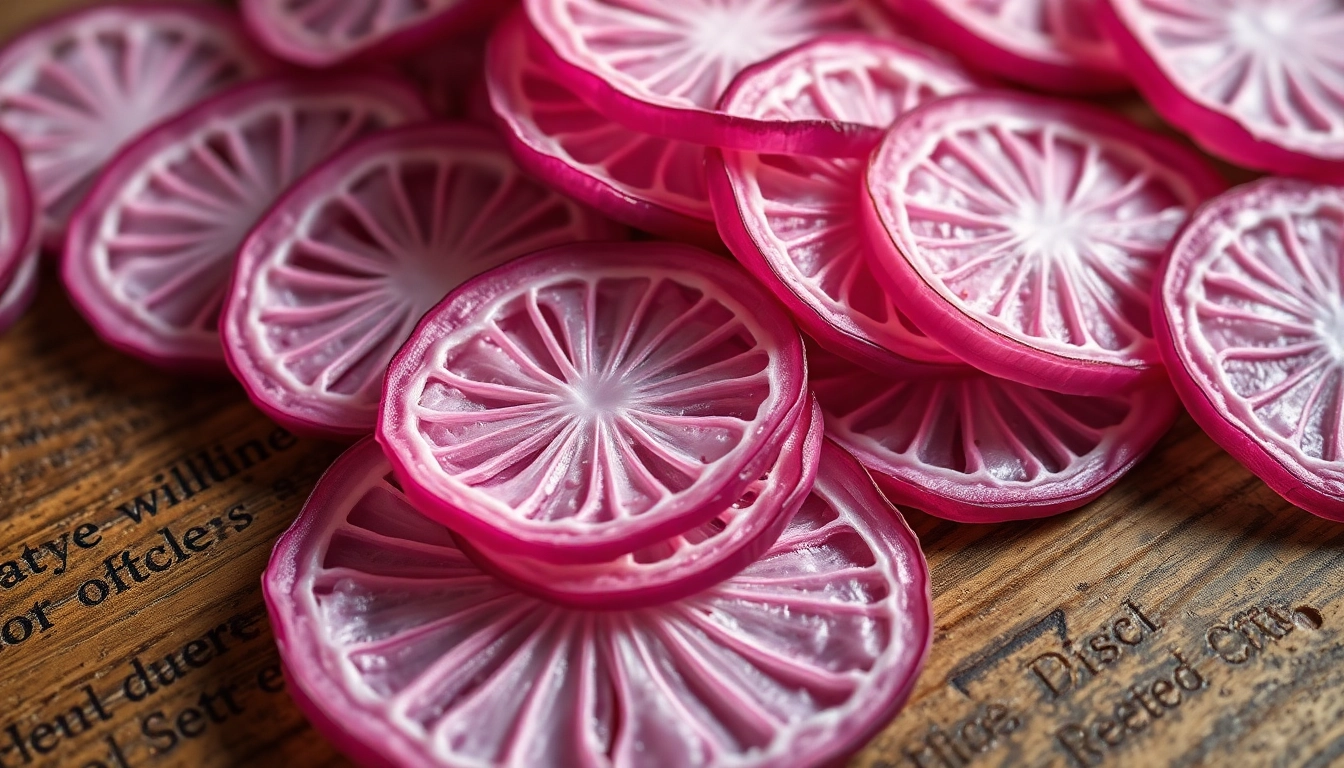 Dehydrated Pink Onion slices displayed in a bowl, emphasizing their vibrant color and crispy