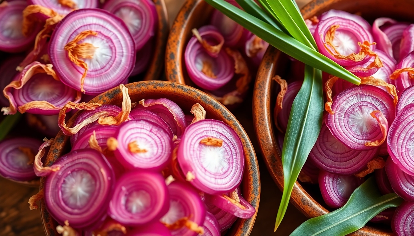 High-quality dehydrated pink onion slices with vibrant pink color, displayed in rustic bowls